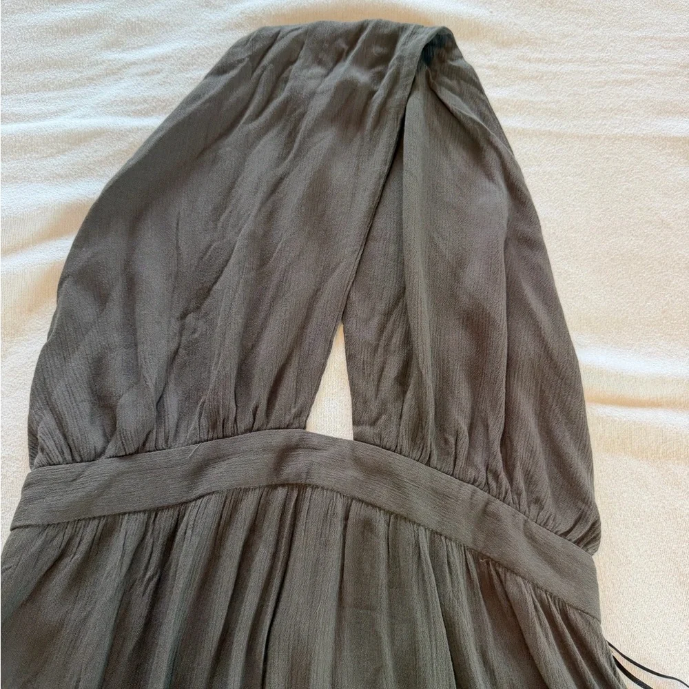 NWT Olive Green Halter Maxi Dress Open Back Pockets Side Slits Size L - Picture 6 of 12
